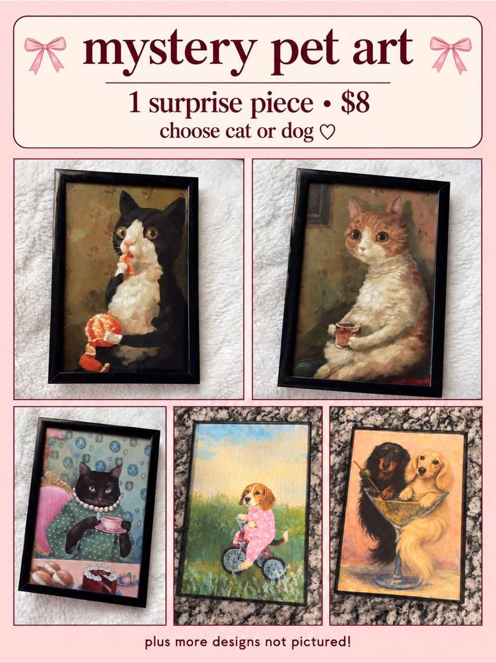 Mystery Pet Art Print - Pink Accent Cat & Dog Illustration
